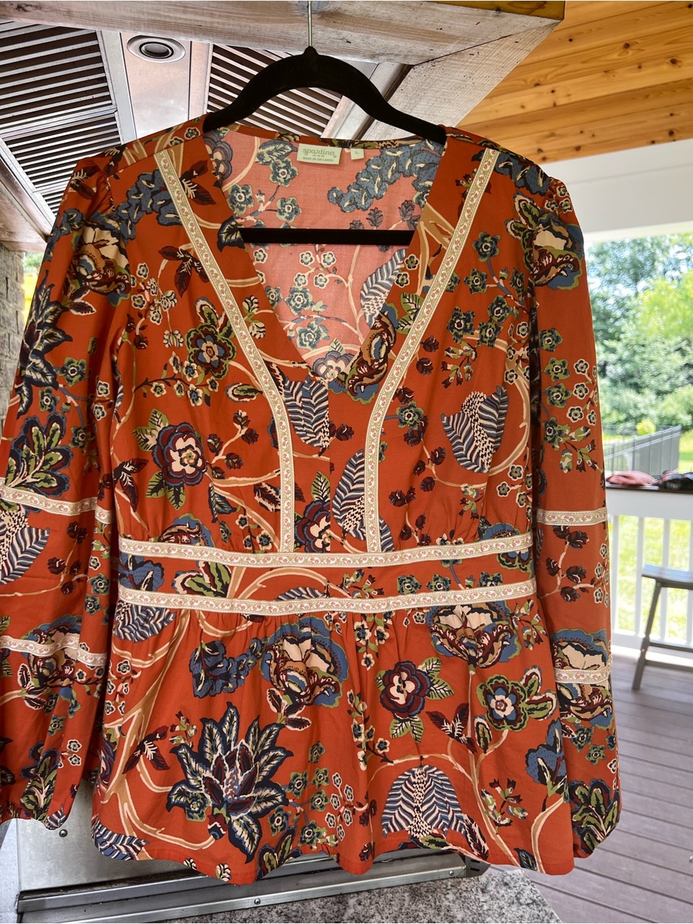 Spartina 449 Rust Floral Peplum Blouse with Blue and Cream Accents